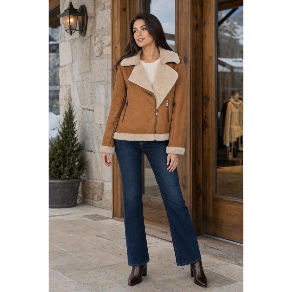 Solitaire Jacket Women's L Brown Cream Faux Suede Faux Fur Lined Moto Biker
